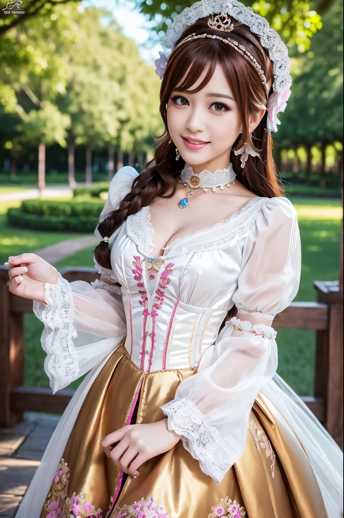 nsfw, sexy stylish Thai princess, only 1 female, ((doll-like appearance)), short Auburn stylish hair, ((shiny Victorian-Style boots)), (big smile), ultra detailed eyes, vivid makeup, lipgloss, long lashes, defined eyebrows, ((sexy Paradise Kiss cosplay)), bell-shaped skirt, petticoats, high neckline, puffed sleeves, ((ultra detailed lace)), ((ultra detailed embroidery)), intricate details, Paradise Kiss accessoires and matching headpiece, choker, ((large sparkling Paradise Kiss jewelry)), cinematic light, detailed large park background with trees