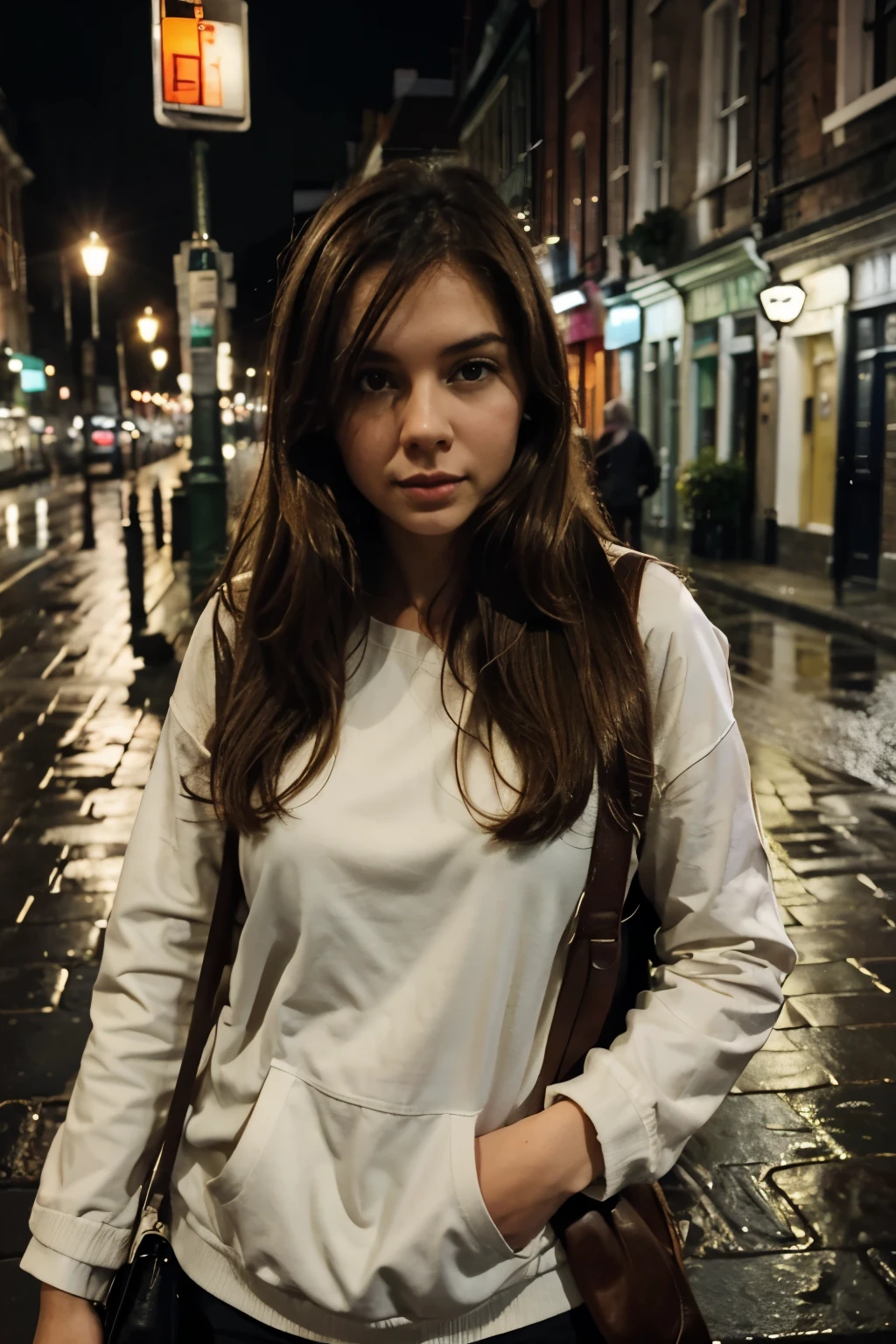 A girl with brown hair, piel blanca, con sobrepeso, caminando por Dublin en una noche de lluvia