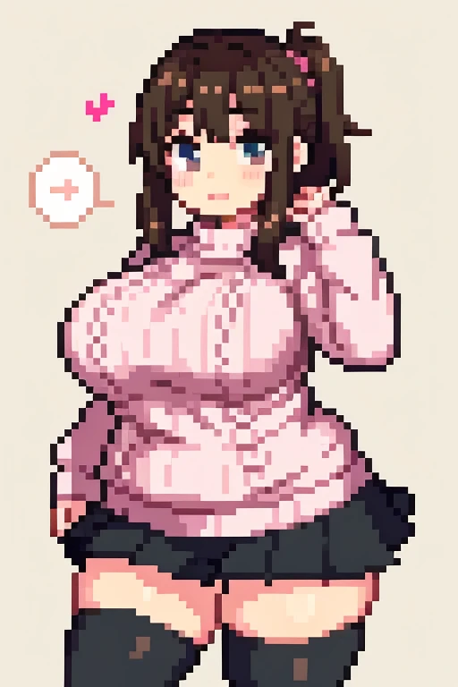 a cute chubby girl wearing a sweater, skirt, and thigh high leggings