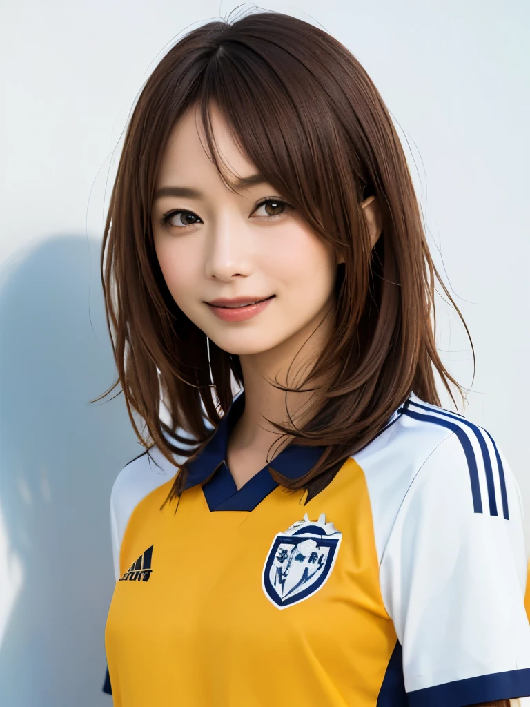 (highest quality、8k、32k、masterpiece)、(Realistic)、(Realistic:1.2)、(High resolution)、Very detailed、Very beautiful face and eyes、1 girl、Round and small face、Tight waist、Delicate body、(close、highest quality、Attention to detail、Rich skin detail)、(highest quality、8k、Oil paints:1.2)、(Realistic、Realistic:1.37)、Bright colors、(((Brown Hair)))、(((Upper Body Shot)))、(((Medium Hair)))、(((White wall background)))、(((Happy expression)))、smile、(((Brown Hairの髪)))、(((Soccer uniforms)))、(((青と白のSoccer uniforms)))、Blue uniform、touching my head