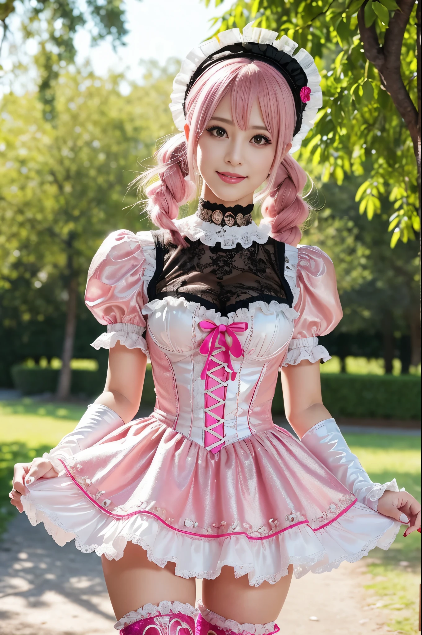 nsfw, sexy stylish Swedish model, only 1 female, ((doll-like appearance)), short neon pink stylish hair, ((shiny Victorian-Style boots)), (big smile), ultra detailed eyes, vivid eye makeup, lipgloss, long lashes, defined eyebrows, ((sexy Paradise Kiss cosplay)), bell-shaped skirt, petticoats, high neckline, puffed sleeves, ((ultra detailed lace)), ((ultra detailed embroidery)), intricate details, Paradise Kiss accessoires and matching headpiece, choker, ((large sparkling Paradise Kiss jewelry)), cinematic light, detailed large park background with trees