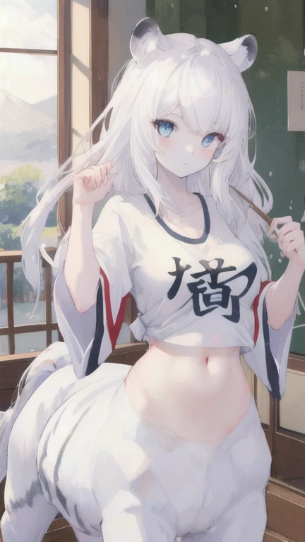 (best quality, masterpiece), 1 girl, centaur, It takes, White skin, Japanese  , exposing the abdomen,belly button t-shirt, beautiful girl perfect white tiger photo, perfect white tiger photo