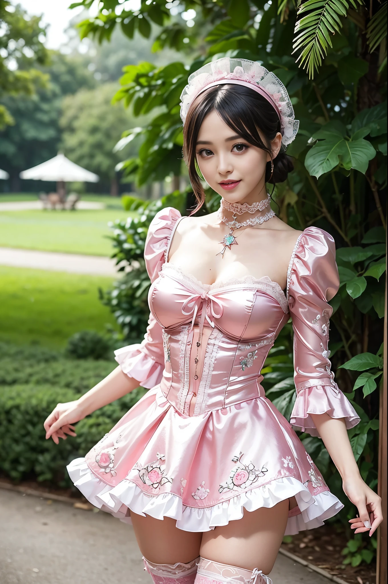 (nsfw), sexy stylish Swedish model, only 1 female, ((doll-like appearance)), short neon pink stylish hair, ((shiny Victorian-Style boots)), (big smile), ultra detailed eyes, vivid eye makeup, lipgloss, long lashes, defined eyebrows, ((sexy Paradise Kiss cosplay)), bell-shaped skirt, petticoats, high neckline, puffed sleeves, ((ultra detailed lace)), ((ultra detailed embroidery)), intricate details, Paradise Kiss accessoires and matching headpiece, choker, ((large sparkling Paradise Kiss jewelry)), cinematic light, detailed large park background with trees