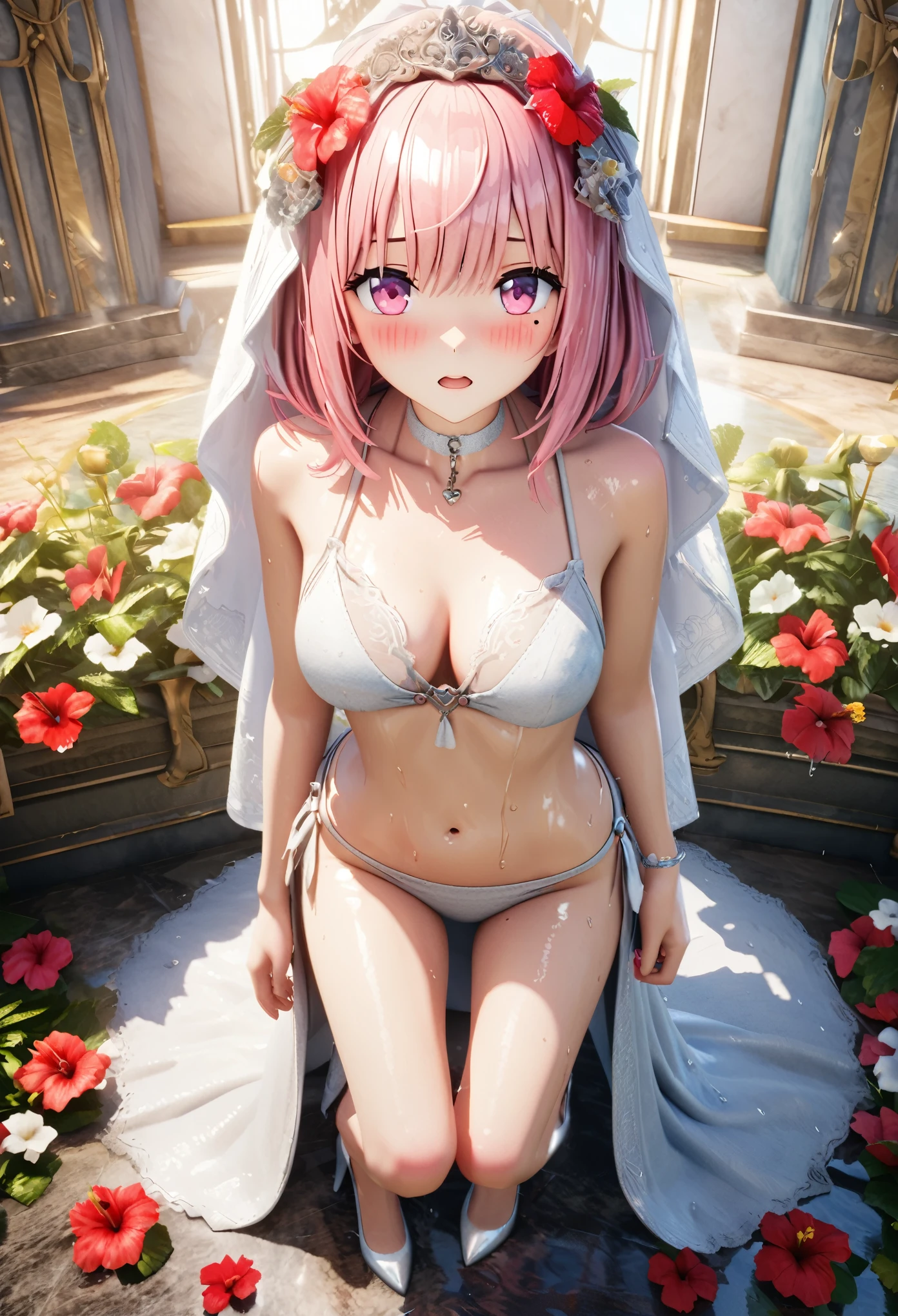 masterpiece, best quality, highly detailed, high resolution, expensive resolution, high resolution, 4k, 8k, Unity 8k wallpaper, highly detailed CG, masterpiece, 2d, 3d, beautiful details, depth, fine texture, best quality: 1.3, perfect focus, crisp skin, him, very cute anime girl, bikini, wedding veil with hibiscus decoration, heavy rain, full body drenched in rain, hair also soaked, big boobs all over, medium long pink hair in expensive clothes, mole under eye, looking at the viewer, expensive, blush, mole, open lips, heart, pink eyes, choker