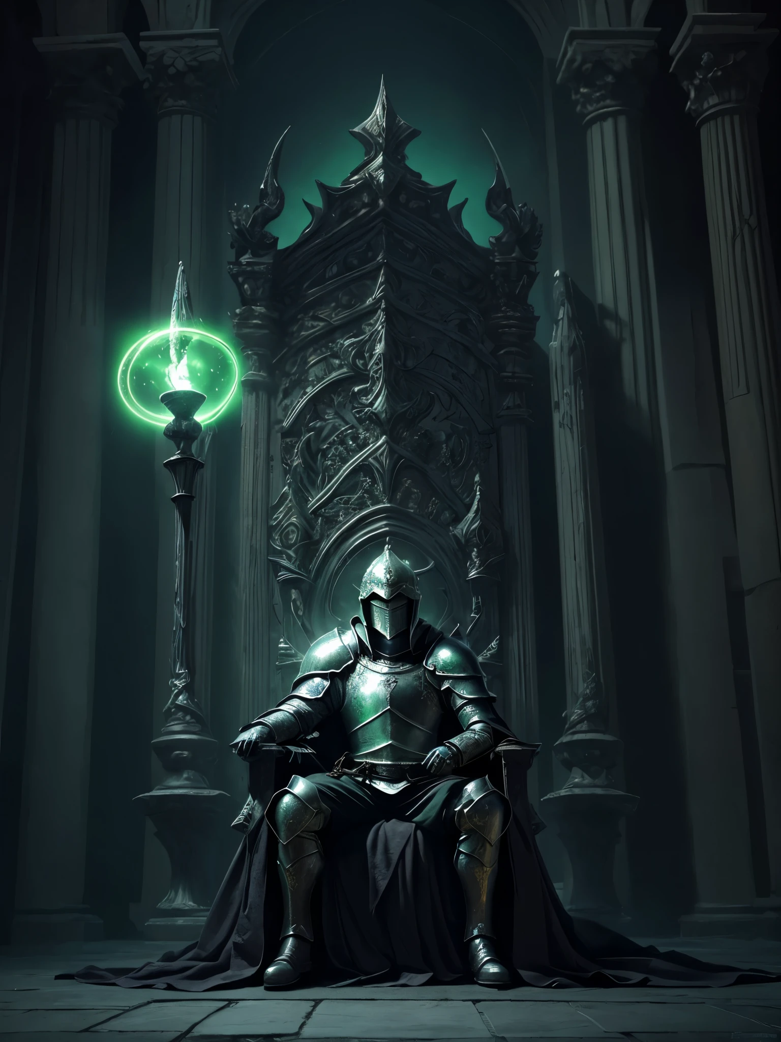 detailed dark fantasy medieval knight, 1 male paladin warrior, highly detailed intricate medieval armor, skull helmet, long cloak, sitting on dark throne in gloomy throne room, glowing green energy emanating from armor, dramatic lighting, photorealistic, cinematic, epic scale, dark fantasy art style, moody colors