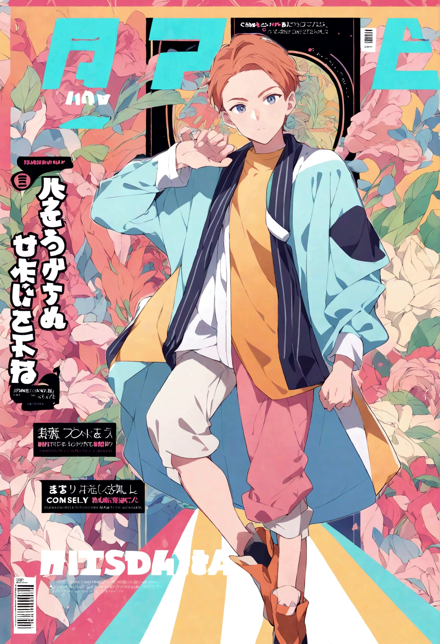 a young man posing, detailed full body portrait, colorful casual outfit, animated style, magazine cover