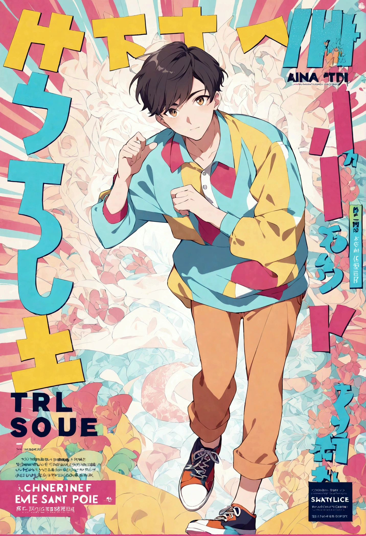 a young man posing, detailed full body portrait, colorful casual outfit, animated style, magazine cover