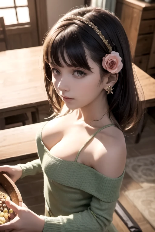 (small breasts:1.3), (perky chest:1.1), (pointed chest:1.0), (flowers magazine cover:1.3),(from above:1.2),(from side:0.9),masterpiece, a 18yo girl, Amazing Cleavage:1.1, thin waist, big ass, Raised sexy, small breast: 1.3, posed cleavage:1.2, open mouth, have a cute grass of cute beergrass,black hair, dark green eyes, dress, bare shoulders, jewelry, collarbone, sidelocks, hairband, earrings, indoors, off shoulder sweater:1.1, arms behind back, plant, short hair with long locks, gild hairband, off-shoulder dress, sweater dress, off-shoulder sweater, red sweater, dark gord hair, big side hair, very long side hair,is rendered in (masterpiece: 1.2, best quality), with (ultra high resolution) and an exquisite (depth of field). This masterpiece is not only visually stunning but also tells,A scene of cooking in the kitchen by classroom,looking at viewer,