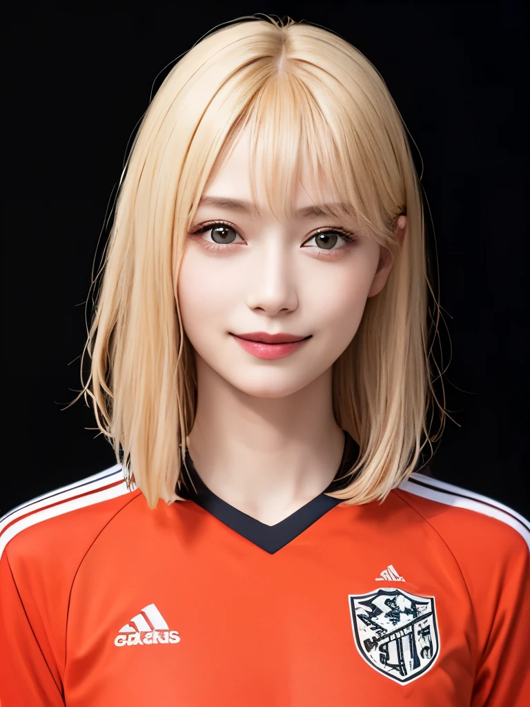 (highest quality、8k、32k、masterpiece)、(Realistic)、(Realistic:1.2)、(High resolution)、Very detailed、Very beautiful face and eyes、1 girl、Round and small face、Tight waist、Delicate body、(close、highest quality、Attention to detail、Rich skin detail)、(highest quality、8k、Oil paints:1.2)、(Realistic、Realistic:1.37)、Bright colors、(((Blonde)))、(((Upper Body Shot)))、(((Medium Hair)))、(((White wall background)))、(((Happy expression)))、smile、(((Golden Hair)))、(((Soccer uniforms)))、(((青と白のSoccer uniforms)))、Blue uniform、touching my head