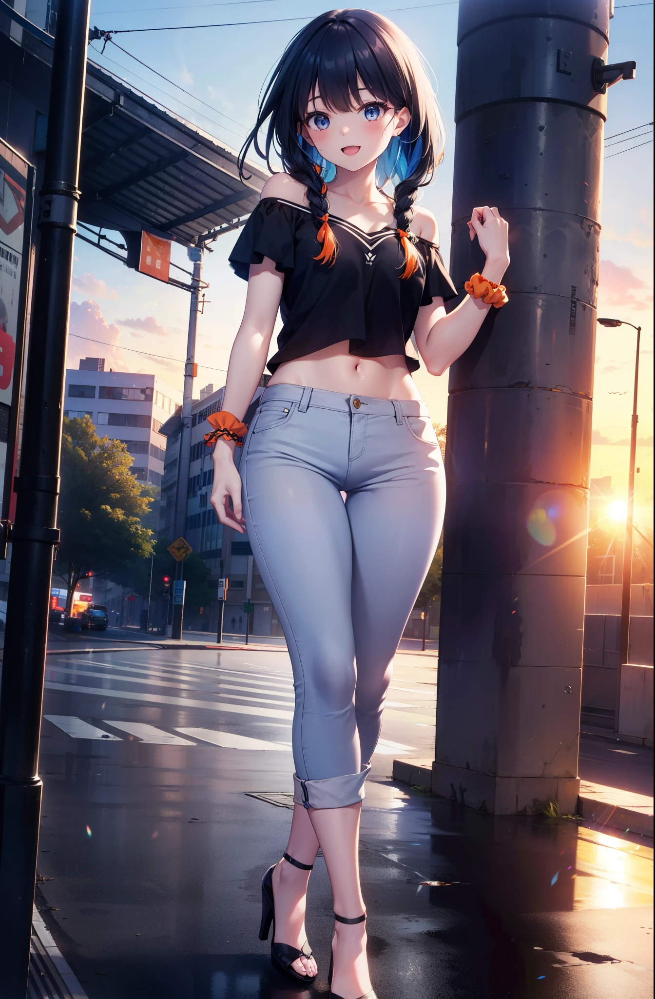 Rikka body, rikka takarada, Black Hair, blue eyes, Long Hair, orange Scrunchie, Scrunchie, wrist Scrunchie,happy smile, smile, Open your mouth,Long braids,Cold shoulder tops,Short sleeve,skinny pants,Stiletto heels,Walking,morning,morning陽,The sun is rising,So that the whole body goes into the illustration,
Destroy outdoors, In town,Building district,
壊す looking at viewer, Systemic
break (masterpiece:1.2), highest quality, High resolution, unity 8k wallpaper, (figure:0.8), (Beautiful fine details:1.6), Highly detailed face, Perfect lighting, Highly detailed CG, (Perfect hands, Perfect Anatomy),