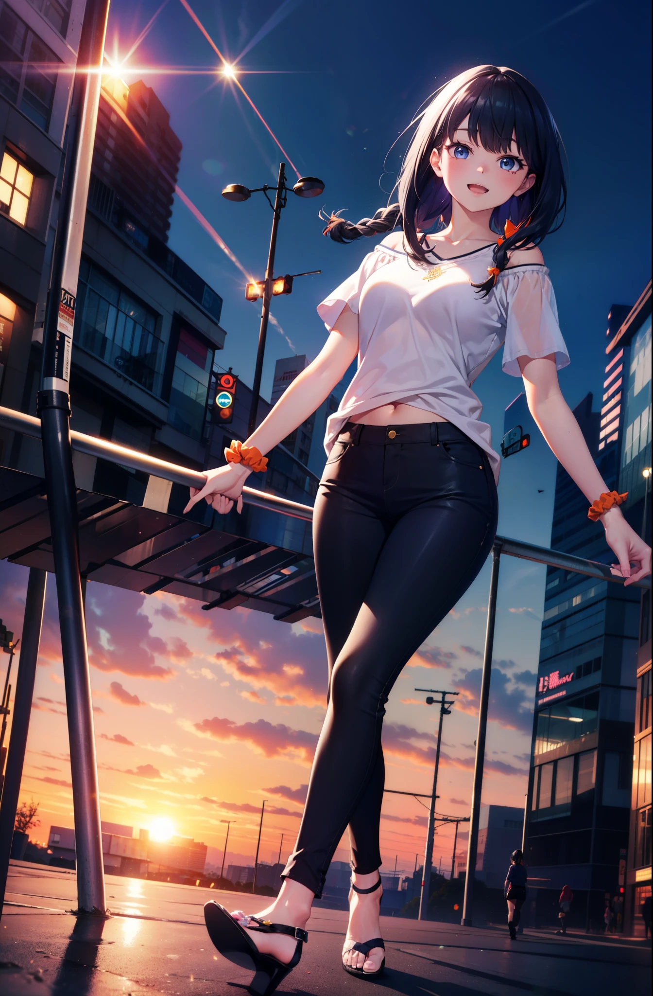 Rikka body, rikka takarada, Black Hair, blue eyes, Long Hair, orange Scrunchie, Scrunchie, wrist Scrunchie,happy smile, smile, Open your mouth,Long braids,Cold shoulder tops,Short sleeve,skinny pants,Stiletto heels,Walking,morning,morning陽,The sun is rising,So that the whole body goes into the illustration,
Destroy outdoors, In town,Building district,
壊す looking at viewer, Systemic
break (masterpiece:1.2), highest quality, High resolution, unity 8k wallpaper, (figure:0.8), (Beautiful fine details:1.6), Highly detailed face, Perfect lighting, Highly detailed CG, (Perfect hands, Perfect Anatomy),