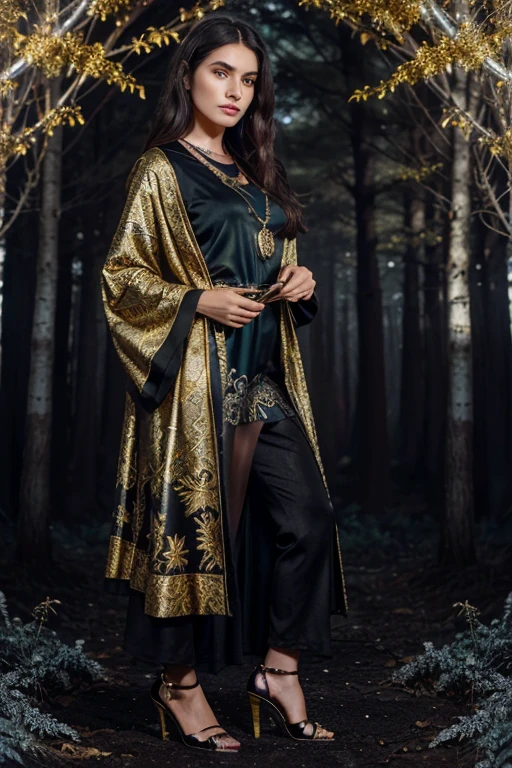 Ayda Aksel, Azize Aslanbey, Wolf, 80 years old, long messy dark brown hair, teal eyes, black blouse with gold print, long black dress with gold flower print, black high heels with silver pendant, print of white wolf. Forest background with fog aura around black color.