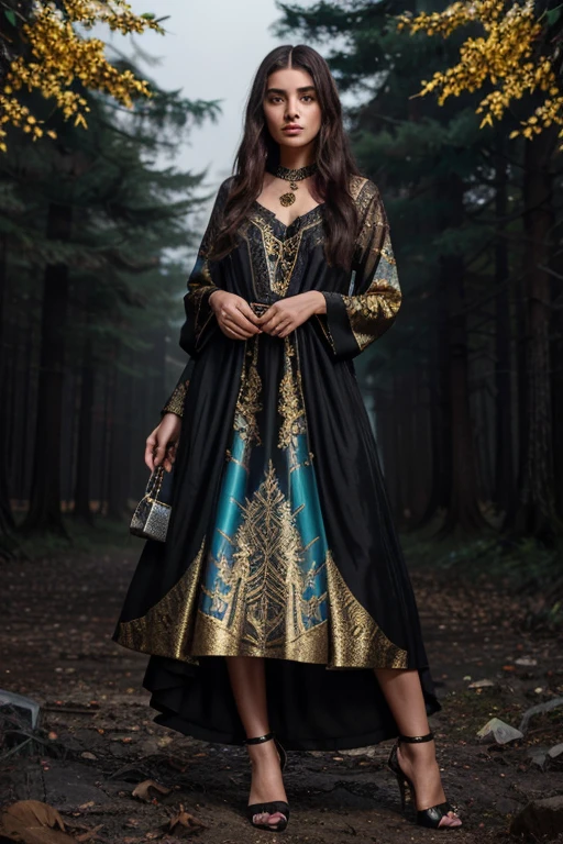 Ayda Aksel, Azize Aslanbey, Teen Wolf, 80 years old, long messy dark brown hair, teal eyes, black blouse with gold print, long black dress with gold flower print, black high heels with silver pendant, print of white wolf. Forest background with fog aura around black color.