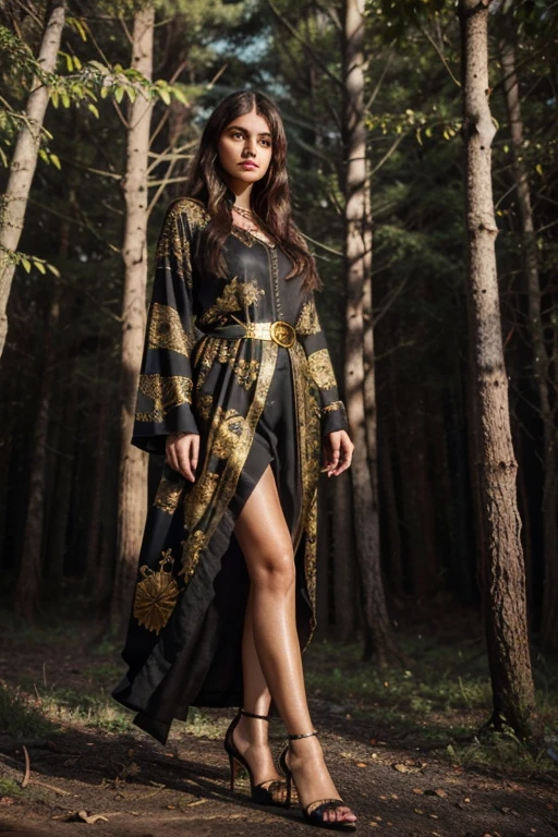 Ayda Aksel, Azize Aslanbey, Teen Wolf, 80 years old, long messy dark brown hair, teal eyes, black blouse with gold print, long black dress with gold flower print, black high heels with silver pendant, print of white wolf. Forest background with fog aura around black color.