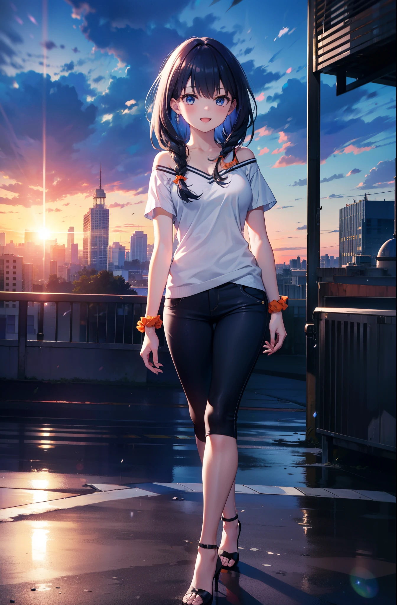 Rikka body, rikka takarada, Black Hair, blue eyes, Long Hair, orange Scrunchie, Scrunchie, wrist Scrunchie,happy smile, smile, Open your mouth,Long braids,Cold shoulder tops,Short sleeve,skinny pants,Stiletto heels,Walking,morning,morning陽,The sun is rising,So that the whole body goes into the illustration,
Destroy outdoors, In town,Building district,
壊す looking at viewer, Systemic
break (masterpiece:1.2), highest quality, High resolution, unity 8k wallpaper, (figure:0.8), (Beautiful fine details:1.6), Highly detailed face, Perfect lighting, Highly detailed CG, (Perfect hands, Perfect Anatomy),