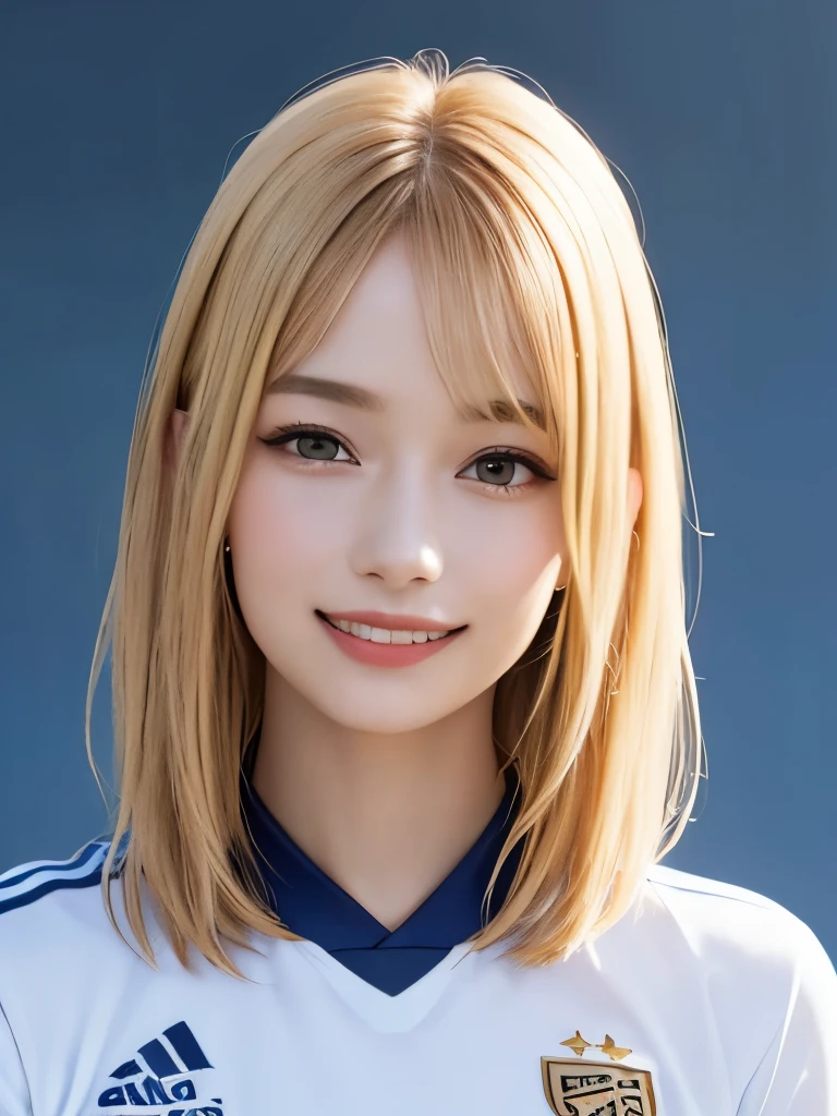 (highest quality、8k、32k、masterpiece)、(Realistic)、(Realistic:1.2)、(High resolution)、Very detailed、Very beautiful face and eyes、1 girl、Round and small face、Tight waist、Delicate body、(close、highest quality、Attention to detail、Rich skin detail)、(highest quality、8k、Oil paints:1.2)、(Realistic、Realistic:1.37)、Bright colors、(((Blonde)))、(((Upper Body Shot)))、(((Medium Hair)))、(((White wall background)))、(((Happy expression)))、smile、(((Golden Hair)))、(((Soccer uniforms)))、(((青と白のSoccer uniforms)))、(((Blue uniform)))、touching my head