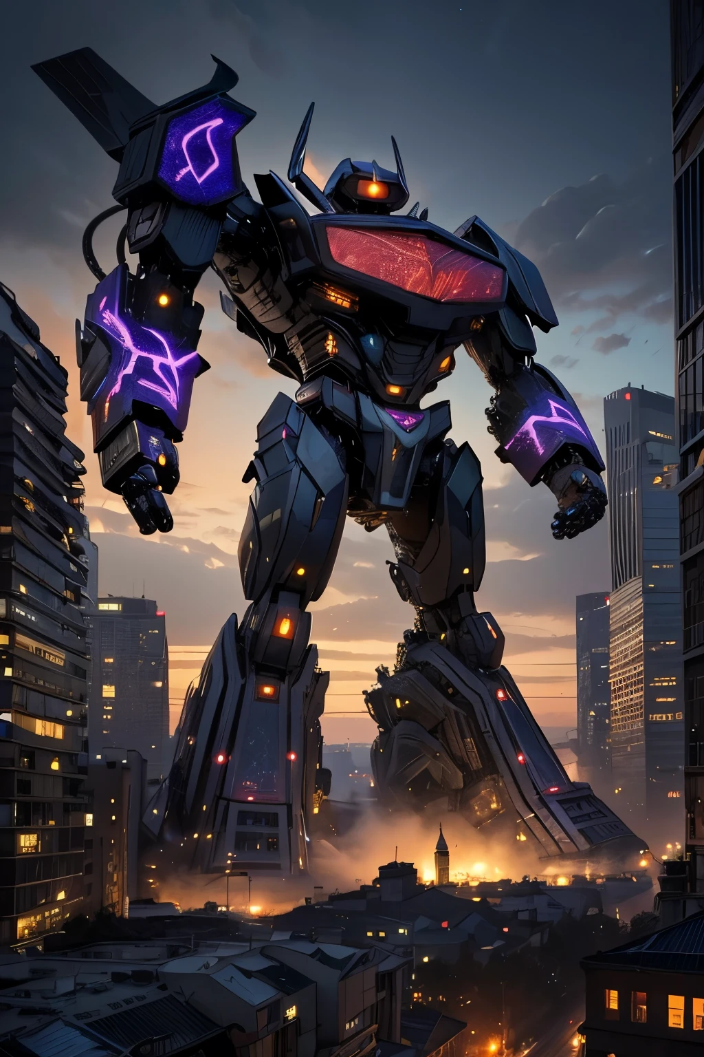 masterpiece,realistic, close up, solo, best quality, intricate details, night time, midnight, abandonned destroyed city, mecha, giant towering city