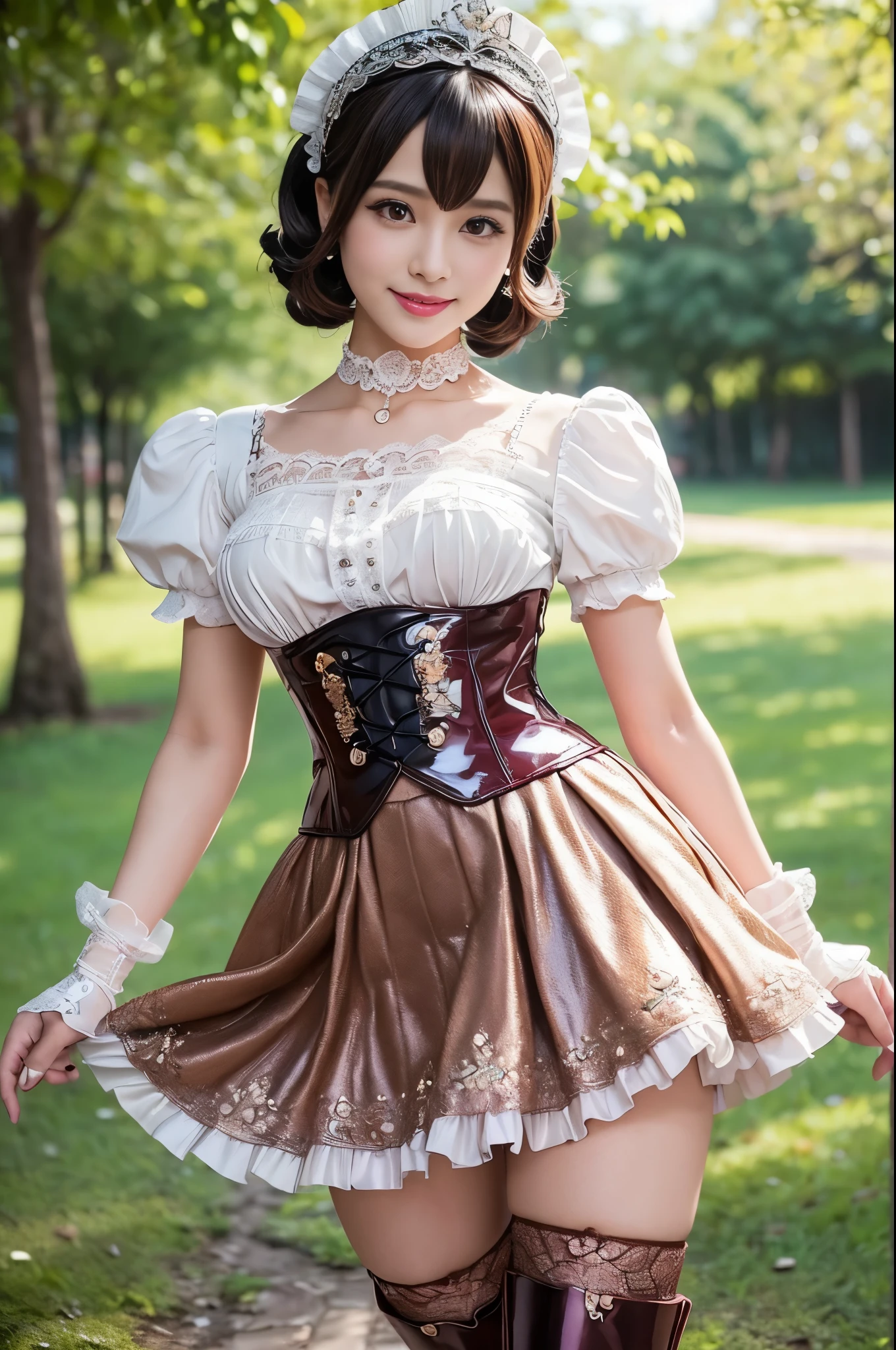(nsfw), sexy stylish Thai model, only 1 female, ((doll-like appearance)), short Mahogany stylish hair, ((shiny Victorian-Style boots)), (big smile), ultra detailed eyes, vivid eye makeup, lipgloss, long lashes, defined eyebrows, ((sexy Paradise Kiss cosplay)), bell-shaped skirt, petticoats, high neckline, puffed sleeves, ((ultra detailed lace)), ((ultra detailed embroidery)), intricate details, Paradise Kiss accessoires and matching headpiece, choker, ((large sparkling Paradise Kiss jewelry)), cinematic light, detailed large park background with trees