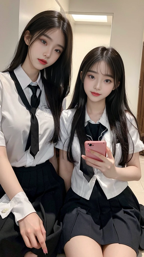  (high quality), (NSFW:1.2), Split the screen vertically, 1 girl and 1 man are dating online by exchanging own photos and messages using a smartphone chatting app, 18 years old, korean, long distance relationship, The text is written in English., they weared korean high school uniforms, whole body