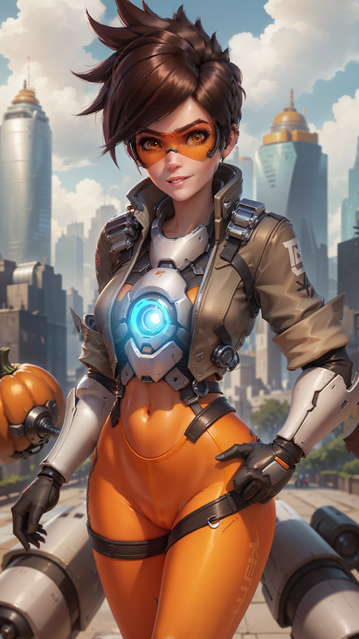 portrait of tracer, close up, gwen tennyson, tracer, overwatch, London, city park, futuristic city, mecha pilot, bodysuit, brown short sleeve pilot jacket, pumpkin orange sport leggings, short hair, punk makeup, hazel eyes, multicolored brown hair, shy smile, freckles, beautiful girl, medium breasts,8k,ultra detailed, realistic, fantasy art, cyborg armor, pilot uniform, ear piercings,(weather: windy), (visor, googles), combat stance, torn clothes,