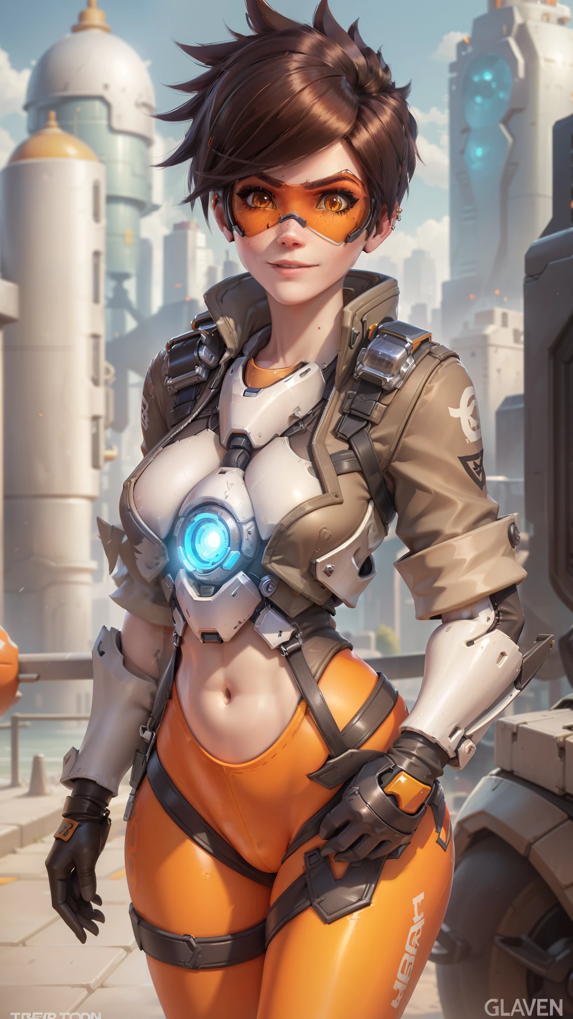 portrait of tracer, close up, gwen tennyson, tracer, overwatch, London, city park, futuristic city, mecha pilot, bodysuit, brown short sleeve pilot jacket, pumpkin orange sport leggings, short hair, punk makeup, hazel eyes, multicolored brown hair, shy smile, freckles, beautiful girl, medium breasts,8k,ultra detailed, realistic, fantasy art, cyborg armor, pilot uniform, ear piercings,(weather: windy), (visor, googles), combat stance, torn clothes,