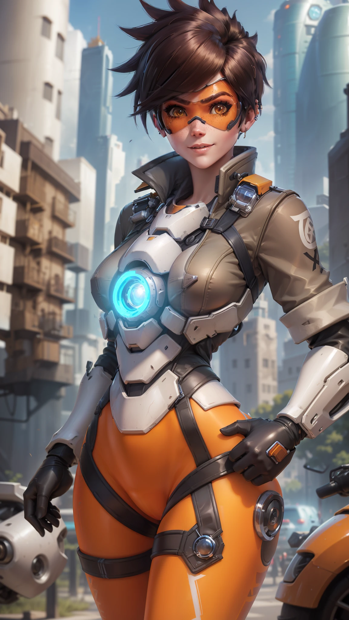 portrait of tracer, close up, gwen tennyson, tracer, overwatch, London, city park, futuristic city, mecha pilot, bodysuit, brown short sleeve pilot jacket, pumpkin orange sport leggings, short hair, punk makeup, hazel eyes, multicolored brown hair, shy smile, freckles, beautiful girl, medium breasts,8k,ultra detailed, realistic, fantasy art, cyborg armor, pilot uniform, ear piercings,(weather: windy), (visor, googles), combat stance, torn clothes,