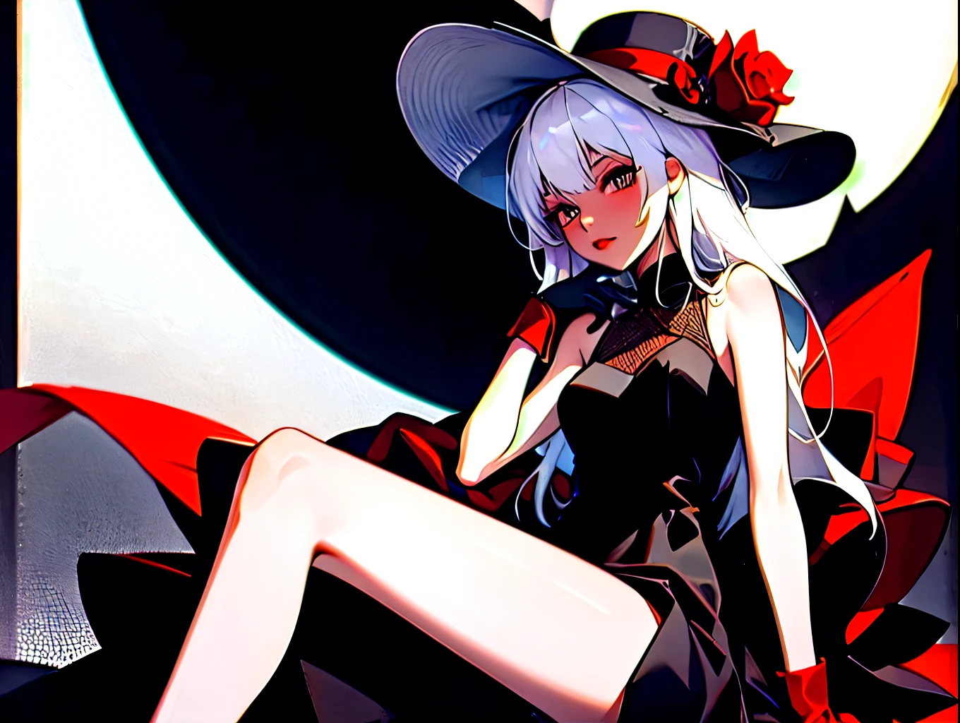 A lady with white hair and dark skin. She wears a long black dress with a slit revealing her leg, fishnets, and dark red gloves. She wears a black sun hat with a rose on it on her head. 