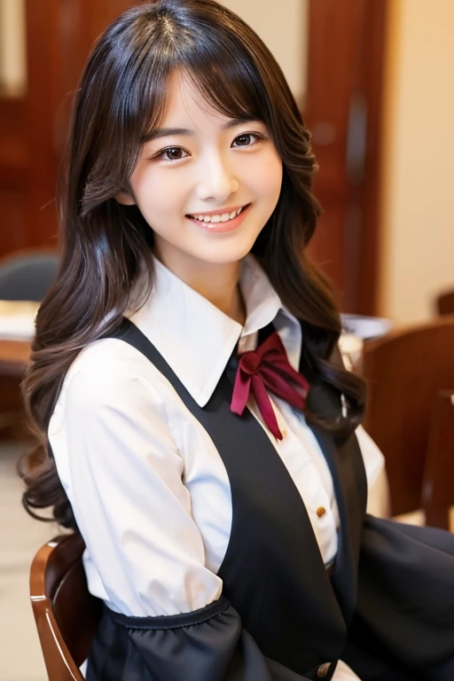 Japanese girl with wavy hair dressed in formal clothes at a meeting with nice breasts and a sexy smile.