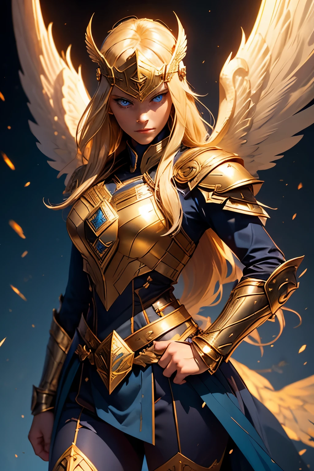a blonde Asgardian heroine. She wears dark blue armor, gold trim, (((Norse helm with gold wings))), armored glove, deep v neck. stern expression. blond hair, long hair, blue eyes, (detailed eyes, detailed face), detailed hands, pretty face, round cheeks, soft face. heavy gauntlet covers one hand, armoured boots. Show her in a heroic pose with hands on her hips. castle ruins background. volumetric lighting. pov from above. 