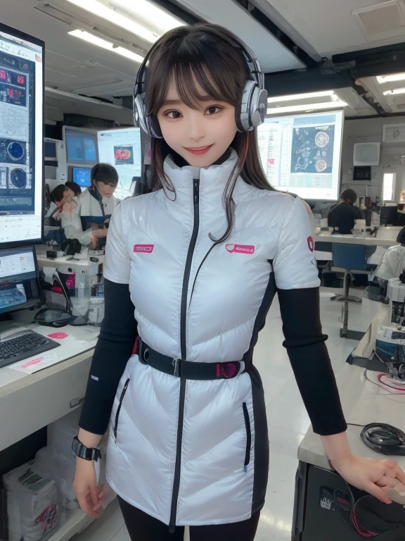 masterpiece, highest quality, Very detailed, 8K Portrait,Japanese Android Girl,plump , Control panel,Robotic arms and legs, Blunt bangs,,break (Metallic Gray, Metallic luster, Mirror finish, Astro Best):5,headphone:5,break (Black sleeves):100,Smart Watches,Futuristic space station,Control Room,break headphone,blue eyes,(Black Hair):2,(Long Hair):1.3,View the viewer,(respirator),break blush:3,Hidden Hand,smile