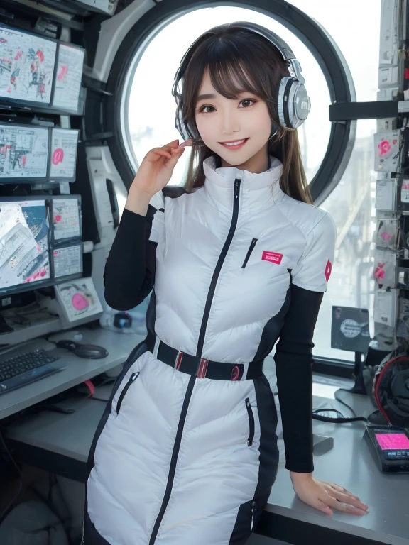 masterpiece, highest quality, Very detailed, 8K Portrait,Japanese Android Girl,plump , Control panel,Robotic arms and legs, Blunt bangs,,break (Metallic Gray, Metallic luster, Mirror finish, Astro Best):5,headphone:5,break (Black sleeves):100,Smart Watches,Futuristic space station,Control Room,break headphone,blue eyes,(Black Hair):2,(Long Hair):1.3,View the viewer,(respirator),break blush:3,Hidden Hand,smile