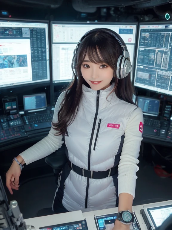 masterpiece, highest quality, Very detailed, 8K Portrait,Japanese Android Girl,plump , Control panel,Robotic arms and legs, Blunt bangs,,break (Metallic Gray, Metallic luster, Mirror finish, Astro Best):5,headphone:5,break (Black sleeves):100,Smart Watches,Futuristic space station,Control Room,break headphone,blue eyes,(Black Hair):2,(Long Hair):1.3,View the viewer,(respirator),break blush:3,Hidden Hand,smile