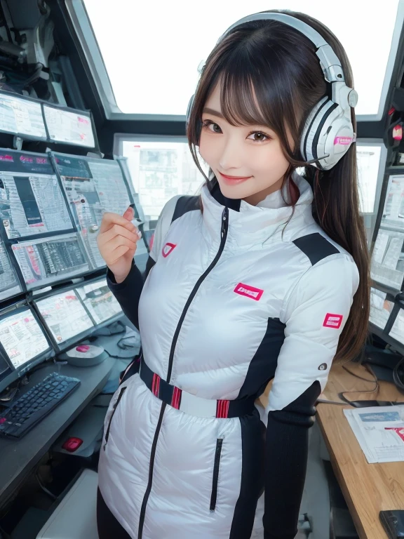 masterpiece, highest quality, Very detailed, 8K Portrait,Japanese Android Girl,plump , Control panel,Robotic arms and legs, Blunt bangs,,break (Metallic Gray, Metallic luster, Mirror finish, Astro Best):5,headphone:5,break (Black sleeves):100,Smart Watches,Futuristic space station,Control Room,break headphone,blue eyes,(Black Hair):2,(Long Hair):1.3,View the viewer,(respirator),break blush:3,Hidden Hand,smile