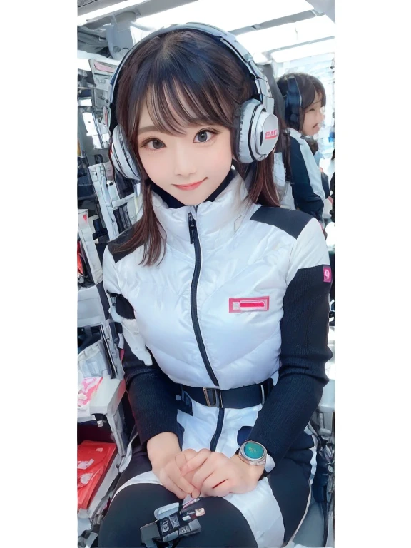 masterpiece, highest quality, Very detailed, 8K Portrait,Japanese Android Girl,plump , Control panel,Robotic arms and legs, Blunt bangs,,break (Metallic Gray, Metallic luster, Mirror finish, Astro Best):5,headphone:5,break (Black sleeves):100,Smart Watches,Futuristic space station,Control Room,break headphone,blue eyes,(Black Hair):2,(Long Hair):1.3,View the viewer,(respirator),break blush:3,Hidden Hand,smile