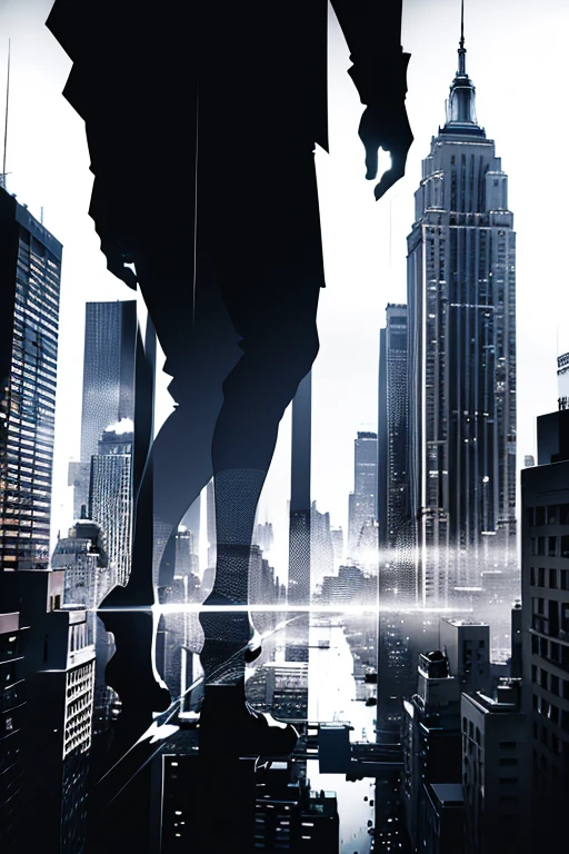 double exposure of New York City, silhouette, black and white shading
