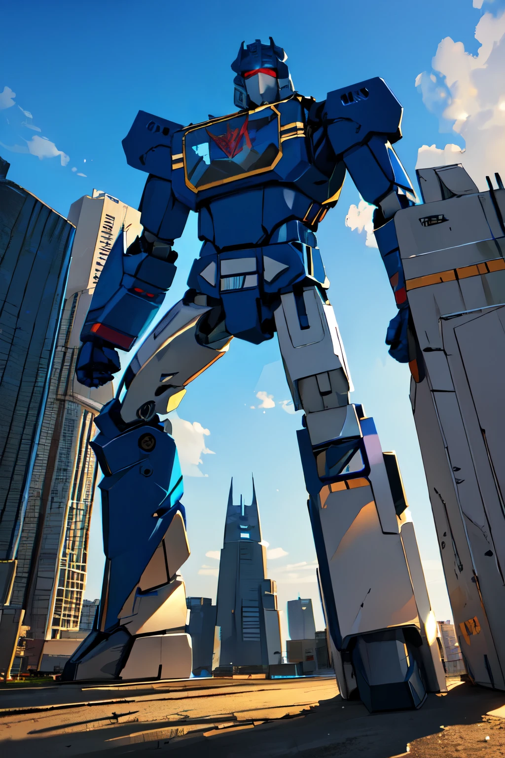 masterpiece, highres, nightime, full body, no human face, no humans, blue eyes, mecha, volumetric lighting, best quality, intricate details ,Metallic skin, destruction, giant towering city