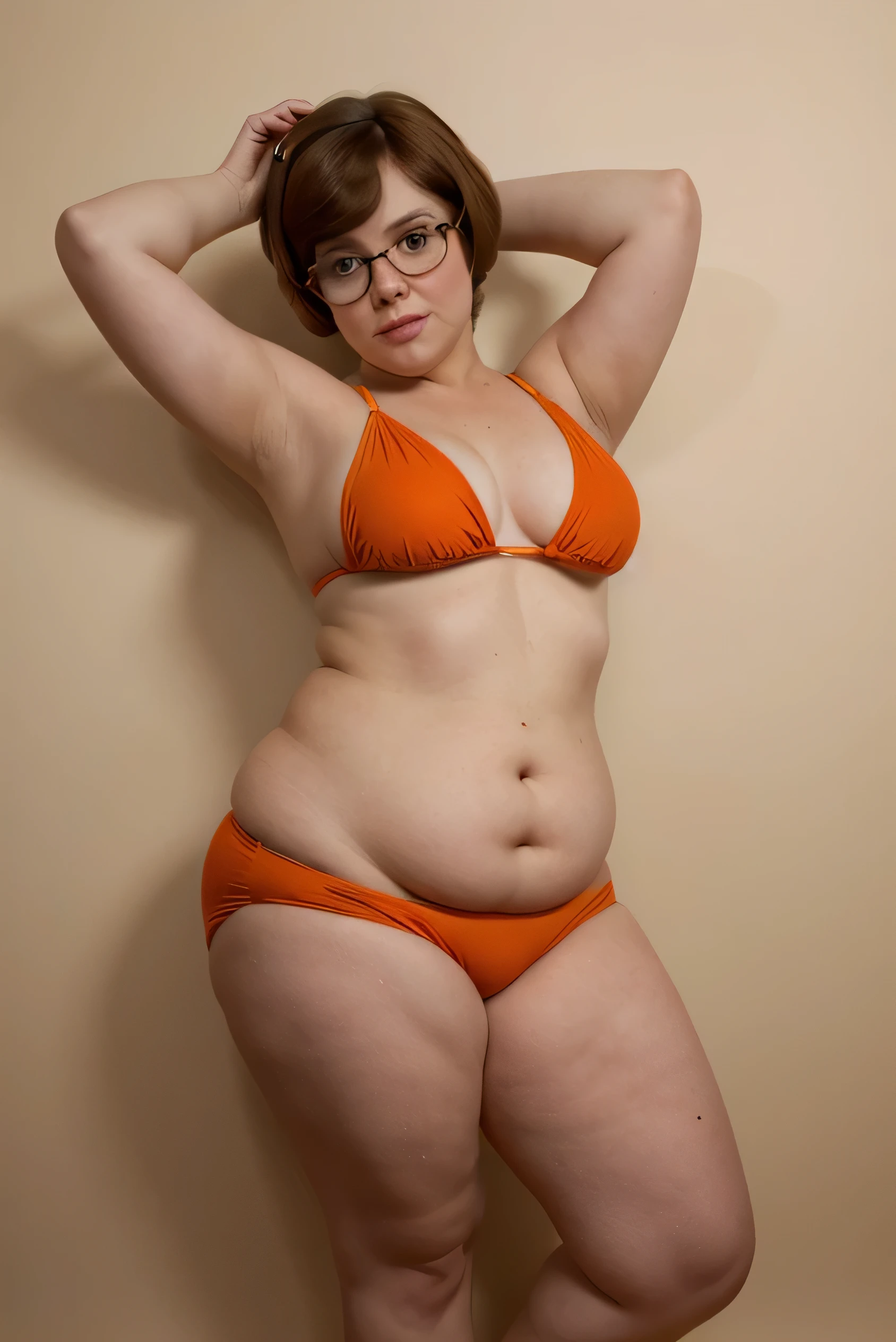 Velma Dinkley from Scooby Doo soft innocent looking fat face glasses red freckles. Short pageboy hairstyle. Extremely obese body and belly orange bikini full body shot. Legs and bare feet.
