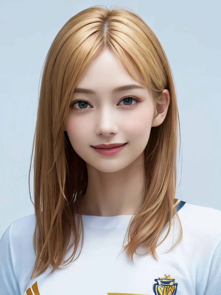 (highest quality、8k、32k、masterpiece)、(Realistic)、(Realistic:1.2)、(High resolution)、Very detailed、Very beautiful face and eyes、1 girl、Round and small face、Tight waist、Delicate body、(close、highest quality、Attention to detail、Rich skin detail)、(highest quality、8k、Oil paints:1.2)、(Realistic、Realistic:1.37)、Bright colors、(((Blonde)))、(((Upper Body Shot)))、(((Medium Hair)))、(((White wall background)))、(((Happy expression)))、smile、(((Golden Hair)))、(((Soccer uniforms)))、(((青と白のSoccer uniforms)))、(((Blue uniform)))、touching my head、Perm Hair