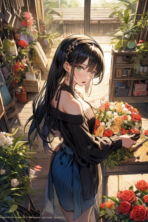 (small breasts:1.3), (perky chest:1.1), (pointed chest:1.0), (flowers magazine cover:1.3),(from above:1.2),(from side:0.9),masterpiece, a 18yo girl, Amazing Cleavage:1.1, thin waist, big ass, Raised sexy, small breast: 1.3, posed cleavage:1.2, open mouth, have a cute grass of cute beergrass,black hair, dark green eyes, dress, bare shoulders, jewelry, collarbone, sidelocks, hairband, earrings, indoors, off shoulder sweater:1.1, arms behind back, plant, short hair with long locks, gild hairband, off-shoulder dress, sweater dress, off-shoulder sweater, red sweater, dark gord hair, big side hair, very long side hair,is rendered in (masterpiece: 1.2, best quality), with (ultra high resolution) and an exquisite (depth of field). This masterpiece is not only visually stunning but also tells,A scene of cooking in the kitchen by classroom,looking at viewer,