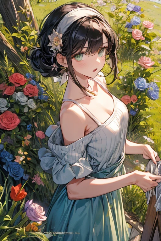 (small breasts:1.3), (perky chest:1.1), (pointed chest:1.0), (flowers magazine cover:1.3),(from above:1.2),(from side:0.9),masterpiece, a 18yo girl, Amazing Cleavage:1.1, thin waist, big ass, Raised sexy, small breast: 1.3, posed cleavage:1.2, open mouth, have a cute grass of cute beergrass,black hair, dark green eyes, dress, bare shoulders, jewelry, collarbone, sidelocks, hairband, earrings, indoors, off shoulder sweater:1.1, arms behind back, plant, short hair with long locks, gild hairband, off-shoulder dress, sweater dress, off-shoulder sweater, red sweater, dark gord hair, big side hair, very long side hair,is rendered in (masterpiece: 1.2, best quality), with (ultra high resolution) and an exquisite (depth of field). This masterpiece is not only visually stunning but also tells,A scene of cooking in the kitchen by classroom,looking at viewer,