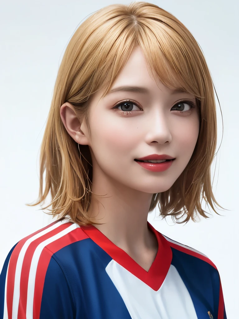 (highest quality、8k、32k、masterpiece)、(Realistic)、(Realistic:1.2)、(High resolution)、Very detailed、Very beautiful face and eyes、1 girl、Round and small face、Tight waist、Delicate body、(close、highest quality、Attention to detail、Rich skin detail)、(highest quality、8k、Oil paints:1.2)、(Realistic、Realistic:1.37)、Bright colors、(((Blonde)))、(((Upper Body Shot)))、(((Medium Hair)))、(((White wall background)))、(((Happy expression)))、smile、(((Golden Hair)))、(((Soccer uniforms)))、(((青と白のSoccer uniforms)))、(((Blue uniform)))、touching my head、Perm Hair