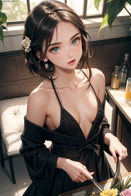 (small breasts:1.3), (perky chest:1.1), (pointed chest:1.0), (flowers magazine cover:1.3),(from above:1.2),(from side:0.9),masterpiece, a 18yo girl, Amazing Cleavage:1.1, thin waist, big ass, Raised sexy, small breast: 1.3, posed cleavage:1.2, open mouth, have a cute grass of cute beergrass,black hair, dark green eyes, dress, bare shoulders, jewelry, collarbone, sidelocks, hairband, earrings, indoors, off shoulder sweater:1.1, arms behind back, plant, short hair with long locks, gild hairband, off-shoulder dress, sweater dress, off-shoulder sweater, red sweater, dark gord hair, big side hair, very long side hair,is rendered in (masterpiece: 1.2, best quality), with (ultra high resolution) and an exquisite (depth of field). This masterpiece is not only visually stunning but also tells,A scene of cooking in the kitchen by classroom,looking at viewer,