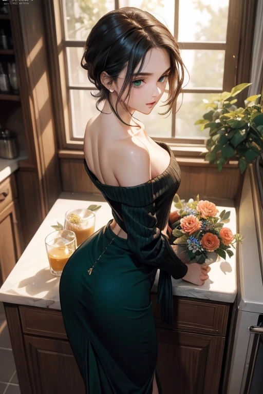 (small :1.3), (perky :1.1), (pointed :1.0), (flowers magazine cover:1.3)，(from above:1.2),(from side:0.9),masterpiece, a 18yo girl, Amazing Cleavage:1.1, thin waist, big , Raised , small : 1.3, posed cleavage:1.2, open mouth, have a cute grass of cute beergrass,black hair, dark green eyes, dress,  shoulders, jewelry, collarbone, sidelocks, hairband, earrings, indoors, off shoulder sweater:1.1, arms behind back, plant, short hair with long locks, gild hairband, off-shoulder dress, sweater dress, off-shoulder sweater, red sweater, dark gord hair, big side hair, very long side hair,is rendered in (masterpiece: 1.2, best quality), with (ultra high resolution) and an exquisite (depth of field). This masterpiece is not only visually stunning but also tells,A scene of cooking in the kitchen by classroom,looking at viewer,
