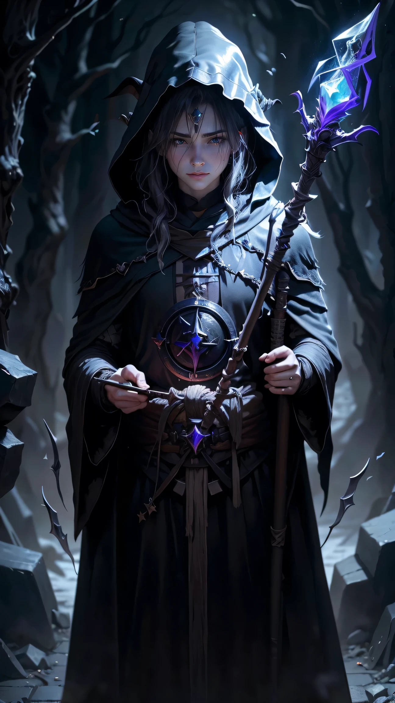 highest quality、masterpiece、8k、Realistic、超High resolution、Very delicate and beautiful、High resolution、Cinema Lighting、medium range shooting、Portraiture、Perfect Male Body、Opposition、Looking at the audience、(( (Dark Wizard of Another World:1.3)、Black Robe、Deep hood、Red Eyes:1.3))、Dark Spellbook、((Bone Staff:1.4))、Ruthless smile、Ancient Spell、Dark rituals、Evil Aura、Dark Energy、Magic Runes、Necromancy、Magic Crystal、Battle Scars、Ruins of another world、Hidden Secrets、Magic Barrier、Cold fingertips、Evil Laugh、Power in the Shadows、Dark Summoning、Mystical coat of arms、Secret Magic Potion、The power to control the souls of the dead、Ruins of Another World、Bringer of Ruin、Evil plan、Ancient curses、Cursed Talisman。