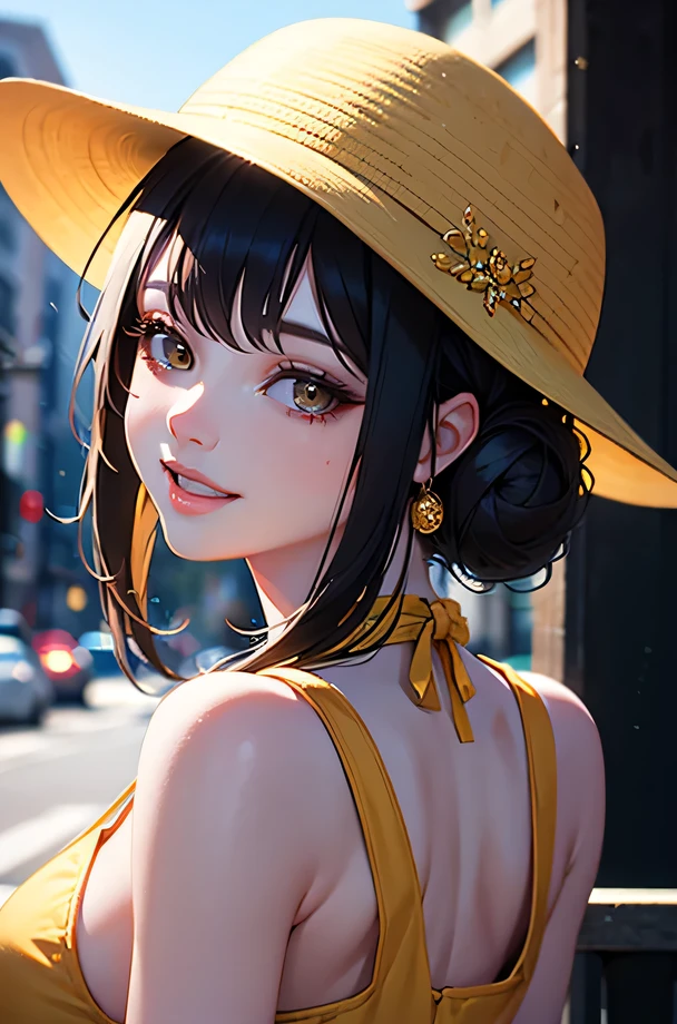 best quality, masterpiece, highres, 1girl, wearing a yellow and black outfit with a hat, Funny mischiefly smiling, opened mouth, glossy lips, back bun black hair, detailed beautiful brown eyes, doing a poss, Down veiw, detailed eyelash, Beautiful face,upon_body, tyndall effect,photorealistic, rim lighting, two tone lighting,(high detailed skin:1.2), 8k uhd, dslr, soft lighting, high quality, volumetric lighting, candid, Photograph, high resolution, 4k, 8k, Bokeh, in downtown, afternoon