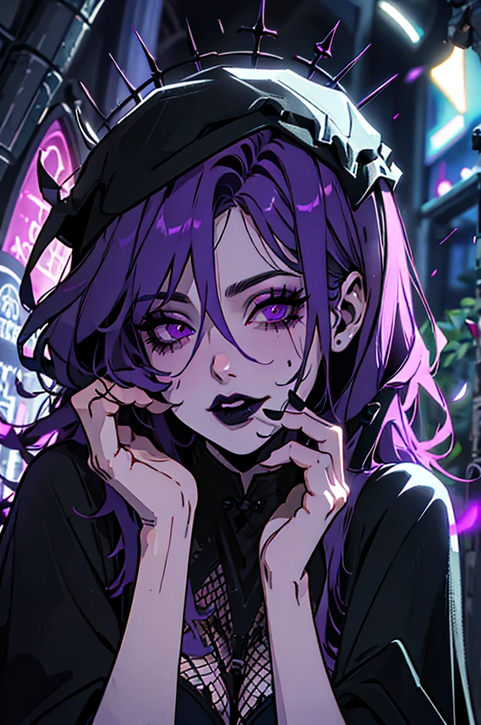 1girl, necromancer, dark robes, gloves, fishnets, dark veil, purple hair, purple eyes, black lipstick, in a graveyard, black flowers, gothic, horror, dynamic view