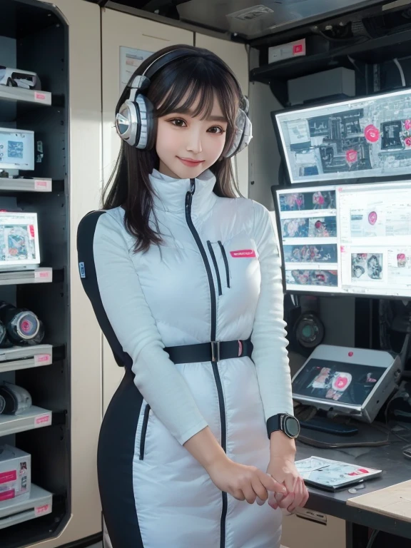 masterpiece, highest quality, Very detailed, 8K Portrait,Japanese Android Girl,plump , Control panel,Robotic arms and legs, Blunt bangs,,break (Metallic Gray, Metallic luster, Mirror finish, Astro Best):5,headphone:5,break (Black sleeves):100,Smart Watches,Futuristic space station,Control Room,break headphone,blue eyes,(Black Hair):2,(Long Hair):1.3,View the viewer,(respirator),break blush:3,Hidden Hand,smile