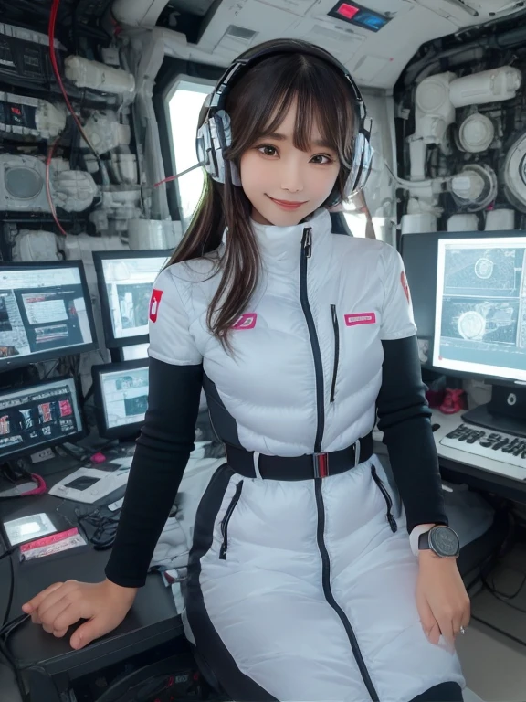 masterpiece, highest quality, Very detailed, 8K Portrait,Japanese Android Girl,plump , Control panel,Robotic arms and legs, Blunt bangs,,break (Metallic Gray, Metallic luster, Mirror finish, Astro Best):5,headphone:5,break (Black sleeves):100,Smart Watches,Futuristic space station,Control Room,break headphone,blue eyes,(Black Hair):2,(Long Hair):1.3,View the viewer,(respirator),break blush:3,Hidden Hand,smile