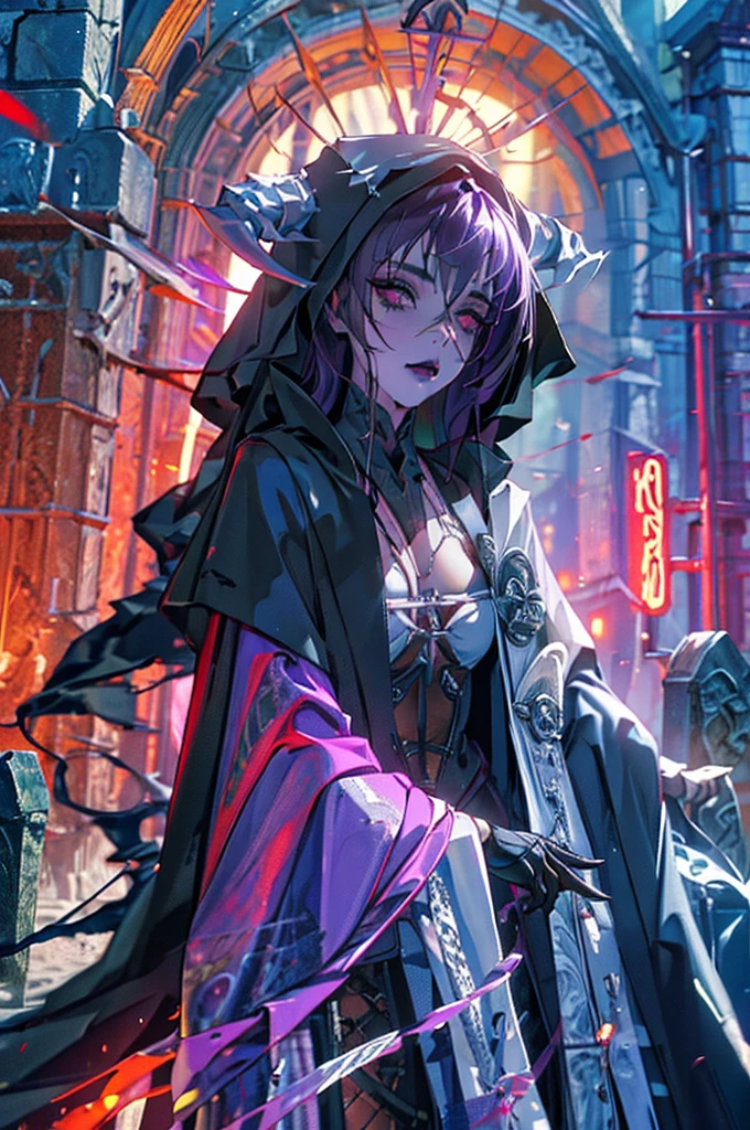 1girl, necromancer, dark robes, gloves, fishnets, dark veil, purple hair, purple eyes, black lipstick, in a graveyard, black flowers, gothic, horror, dynamic view