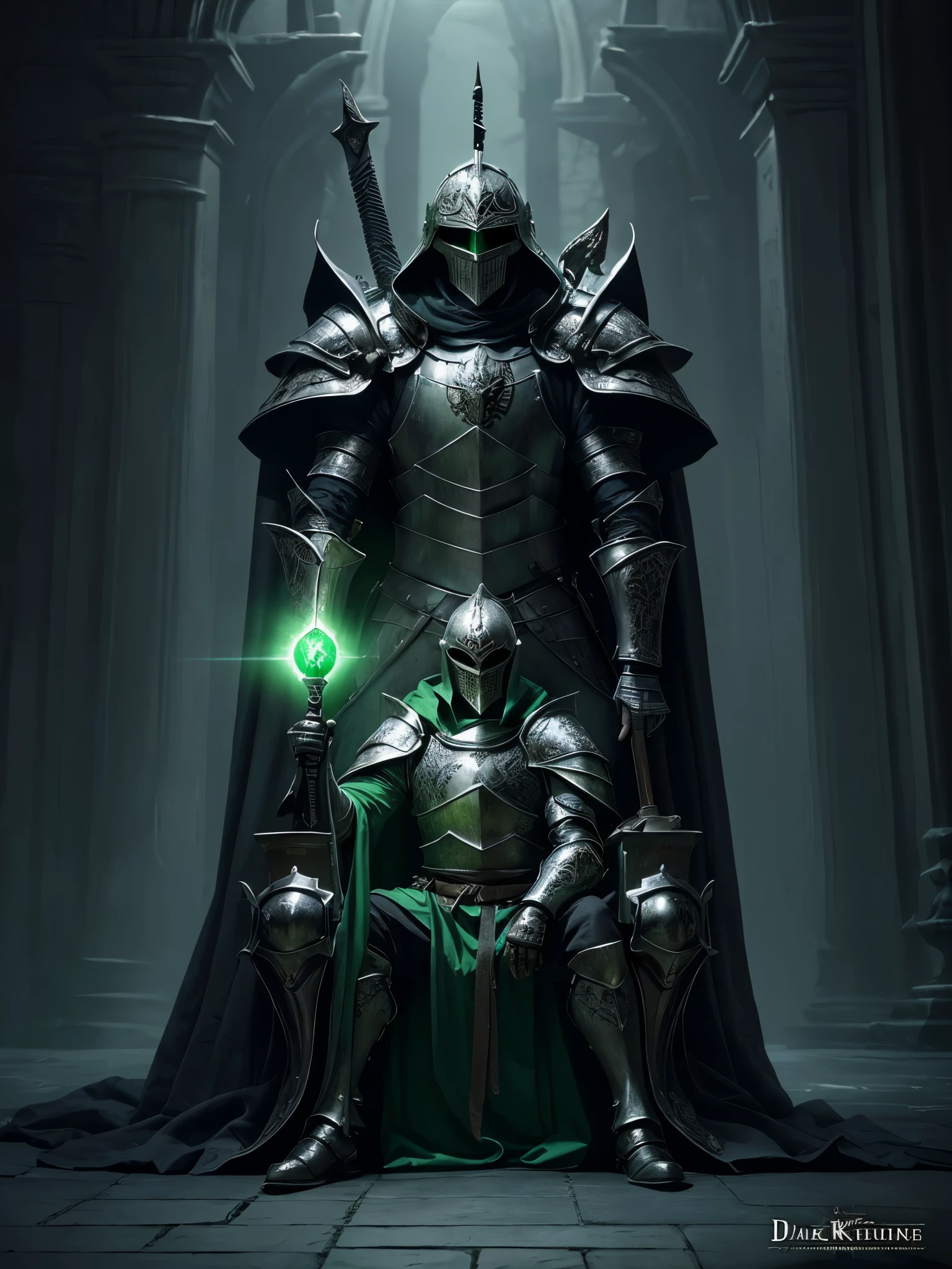 detailed dark fantasy medieval knight, 1 wowen paladin warrior, highly detailed intricate medieval armor, skull helmet, long cloak, sitting on dark throne in gloomy throne room, glowing green energy emanating from armor, dramatic lighting, photorealistic, cinematic, epic scale, dark fantasy art style, moody colors